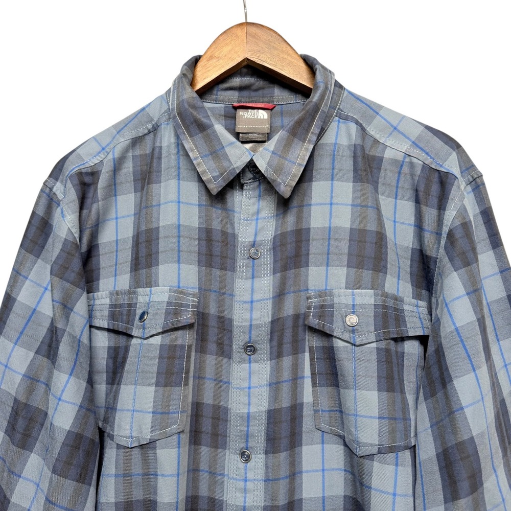The North Face Shirt Mens‎ XL Blue Plaid A36Q Snap Front Long Sleeve Hiking Top